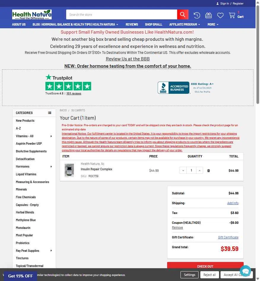 Health Natura checkout page showing Health Natura coupon code box | Screenshot taken by SimplyCodes community member on Jan 1, 2026
