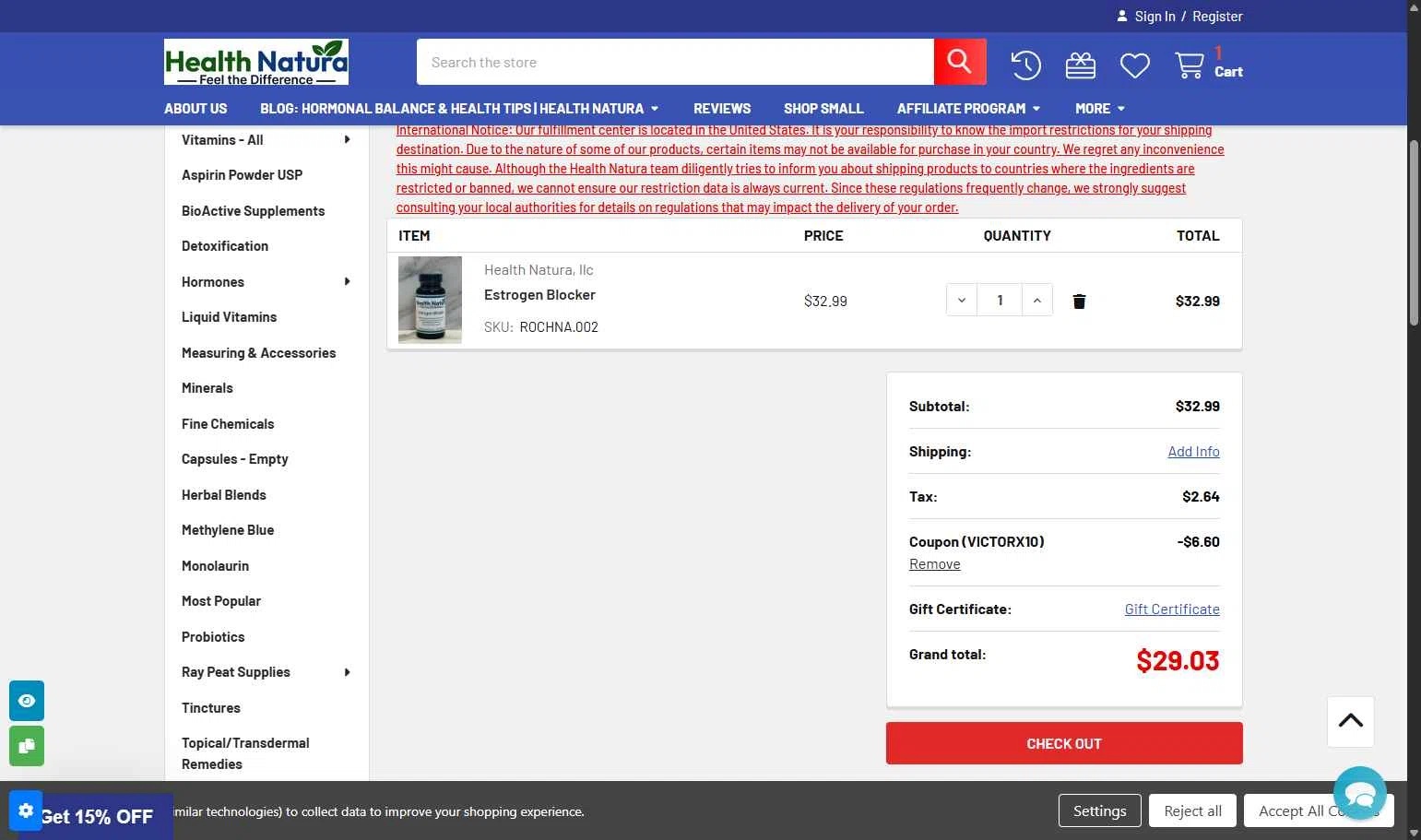 Health Natura checkout page showing Health Natura coupon code box | Screenshot taken by SimplyCodes community member on Dec 21, 2025