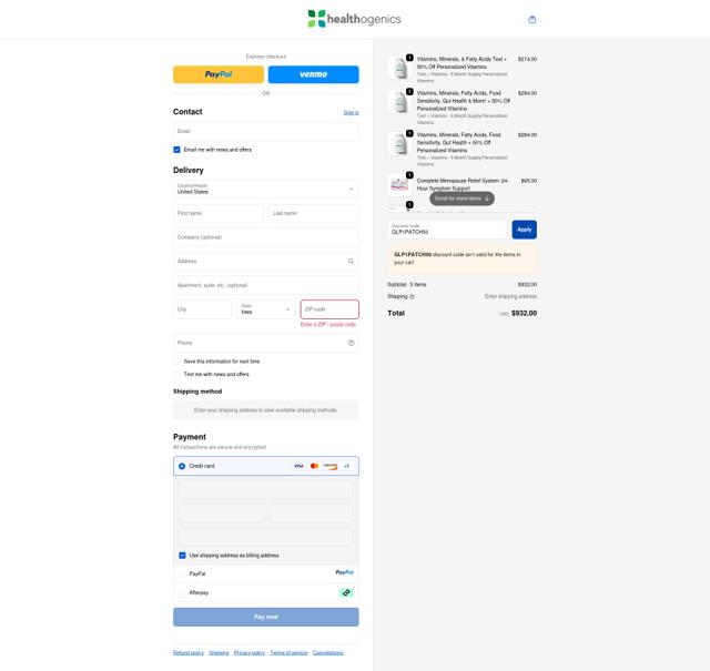 Healthogenics checkout page showing Healthogenics promo code box | Screenshot taken by SimplyCodes community member on Sep 23, 2025
