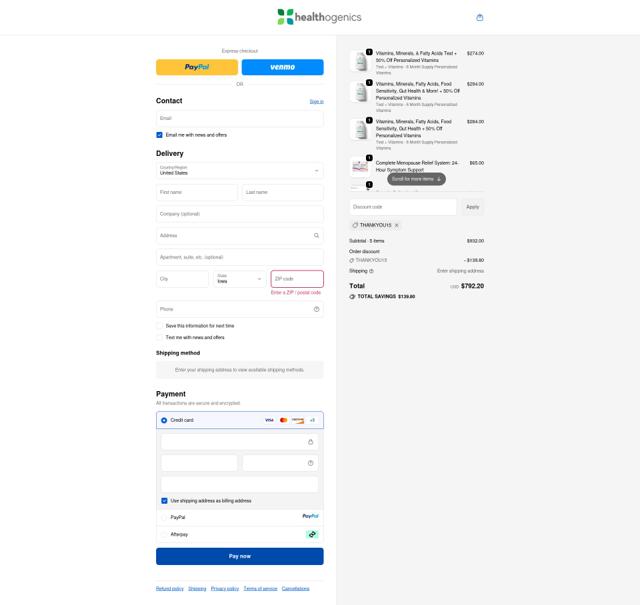 Healthogenics checkout page showing Healthogenics promo code box | Screenshot taken by SimplyCodes community member on Sep 23, 2025