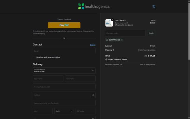 Healthogenics checkout page showing Healthogenics promo code box | Screenshot taken by SimplyCodes community member on Sep 19, 2025