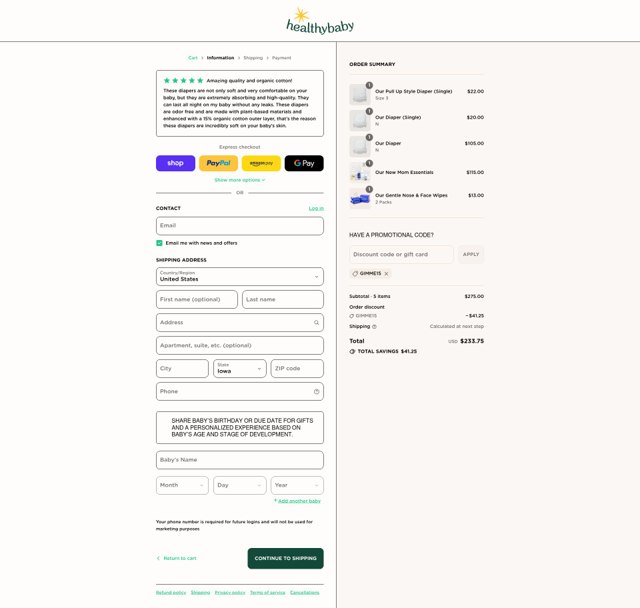 Healthybaby checkout page showing Healthybaby discount code box | Screenshot taken by SimplyCodes community member on Sep 7, 2025