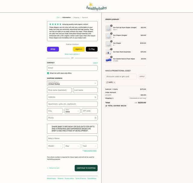 Healthybaby checkout page showing Healthybaby discount code box | Screenshot taken by SimplyCodes community member on Sep 7, 2025