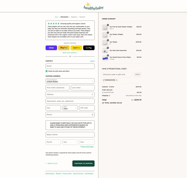 Healthybaby checkout page showing Healthybaby discount code box | Screenshot taken by SimplyCodes community member on Sep 7, 2025