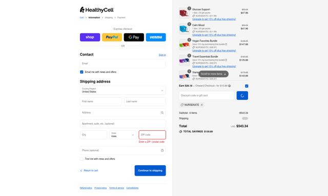 Healthycell checkout page showing Healthycell discount code box | Screenshot taken by SimplyCodes community member on Sep 11, 2025