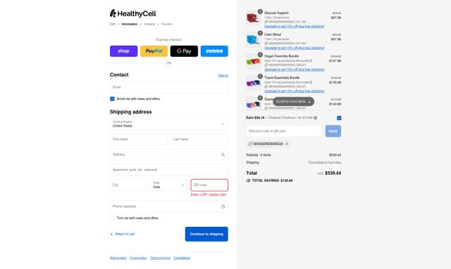 Healthycell checkout page showing Healthycell discount code box | Screenshot taken by SimplyCodes community member on Sep 11, 2025