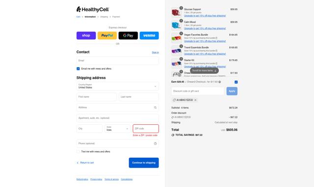 Healthycell checkout page showing Healthycell discount code box | Screenshot taken by SimplyCodes community member on Sep 11, 2025