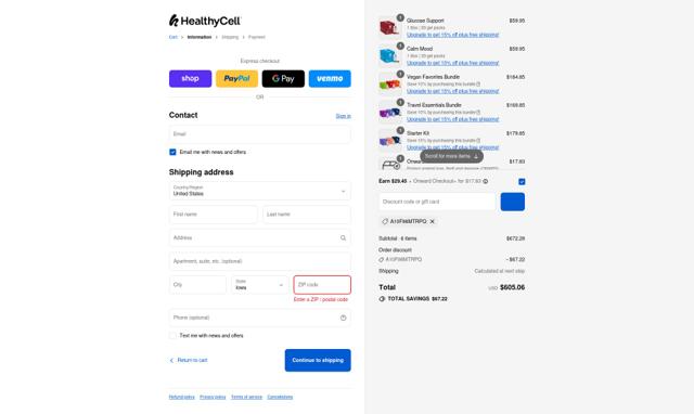 Healthycell checkout page showing Healthycell discount code box | Screenshot taken by SimplyCodes community member on Sep 11, 2025