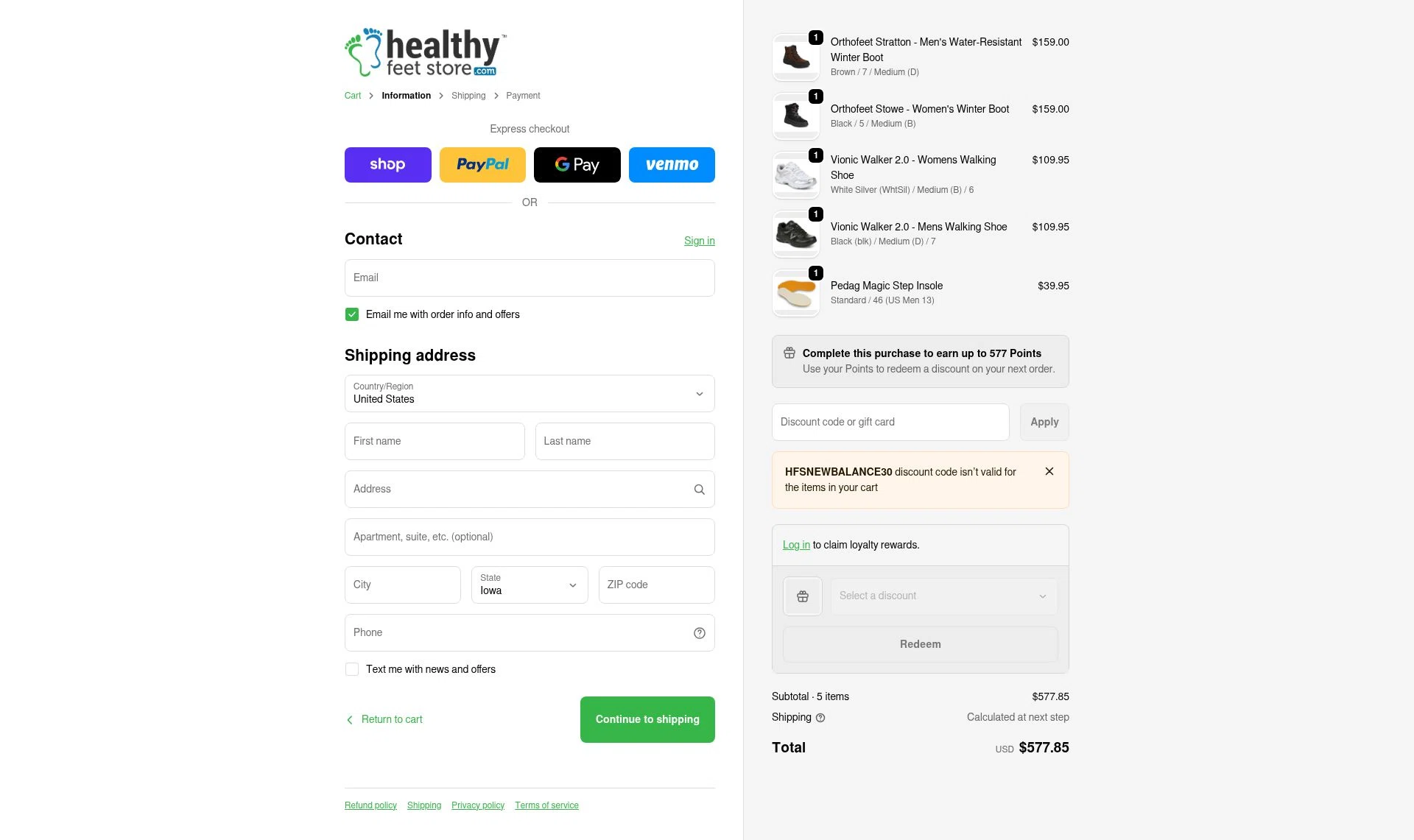 HealthyFeetStore checkout page showing HealthyFeetStore promo code box | Screenshot taken by SimplyCodes community member on Feb 14, 2026