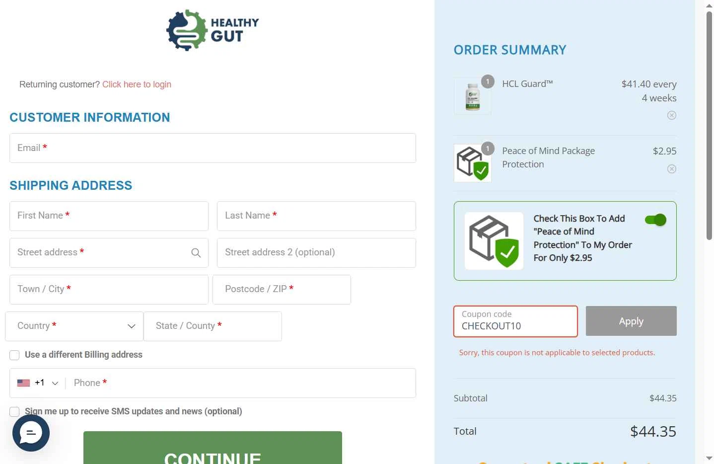 Healthy Gut Company checkout page showing Healthy Gut Company promo code box | Screenshot taken by SimplyCodes community member on Jan 3, 2026