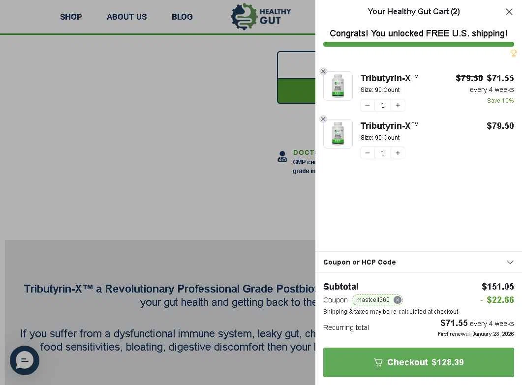 Healthy Gut Company checkout page showing Healthy Gut Company promo code box | Screenshot taken by SimplyCodes community member on Dec 31, 2025