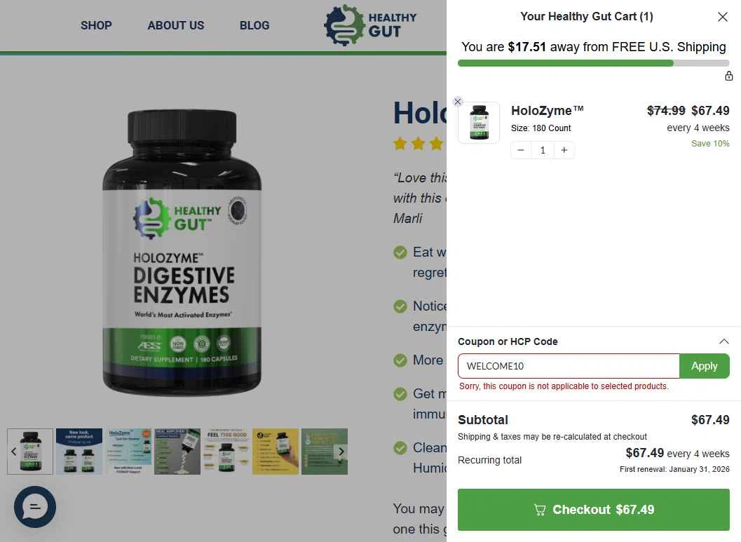 Healthy Gut Company checkout page showing Healthy Gut Company promo code box | Screenshot taken by SimplyCodes community member on Jan 3, 2026