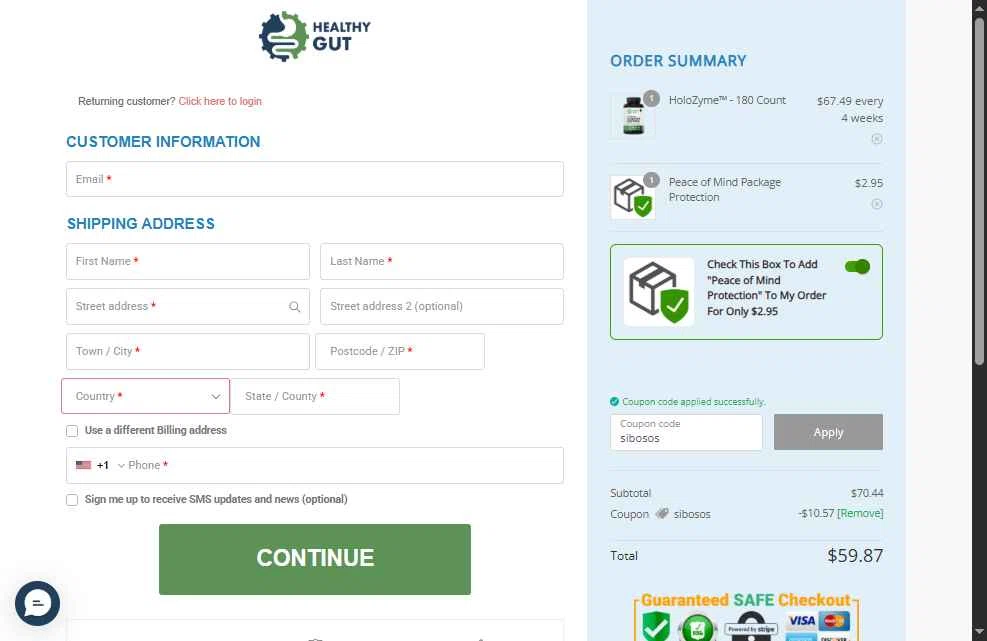 Healthy Gut Company checkout page showing Healthy Gut Company promo code box | Screenshot taken by SimplyCodes community member on Dec 29, 2025