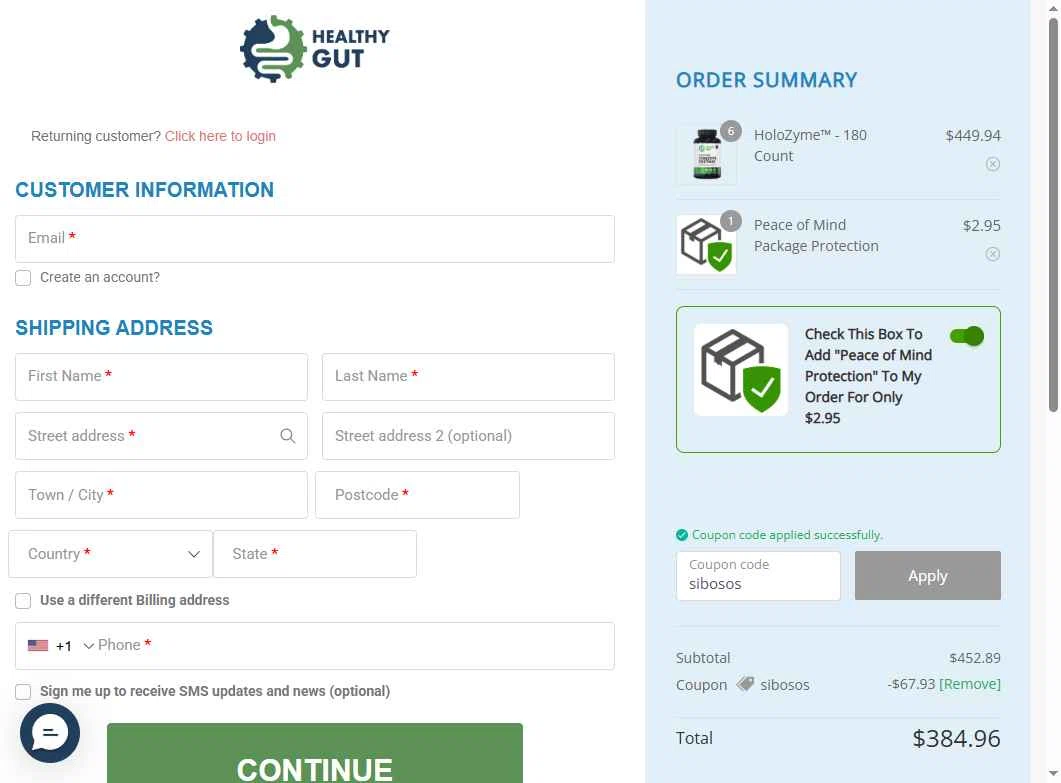 Healthy Gut Company checkout page showing Healthy Gut Company promo code box | Screenshot taken by SimplyCodes community member on Jan 27, 2026