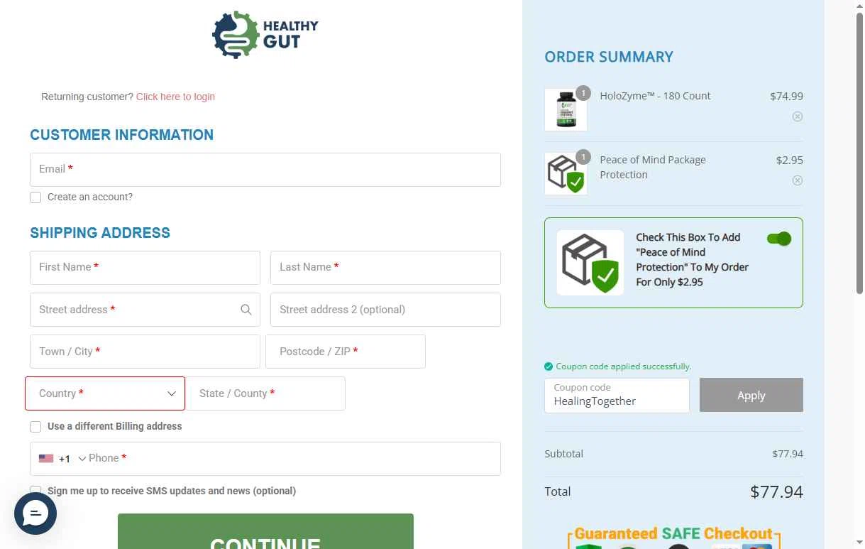 Healthy Gut Company checkout page showing Healthy Gut Company promo code box | Screenshot taken by SimplyCodes community member on Aug 31, 2025