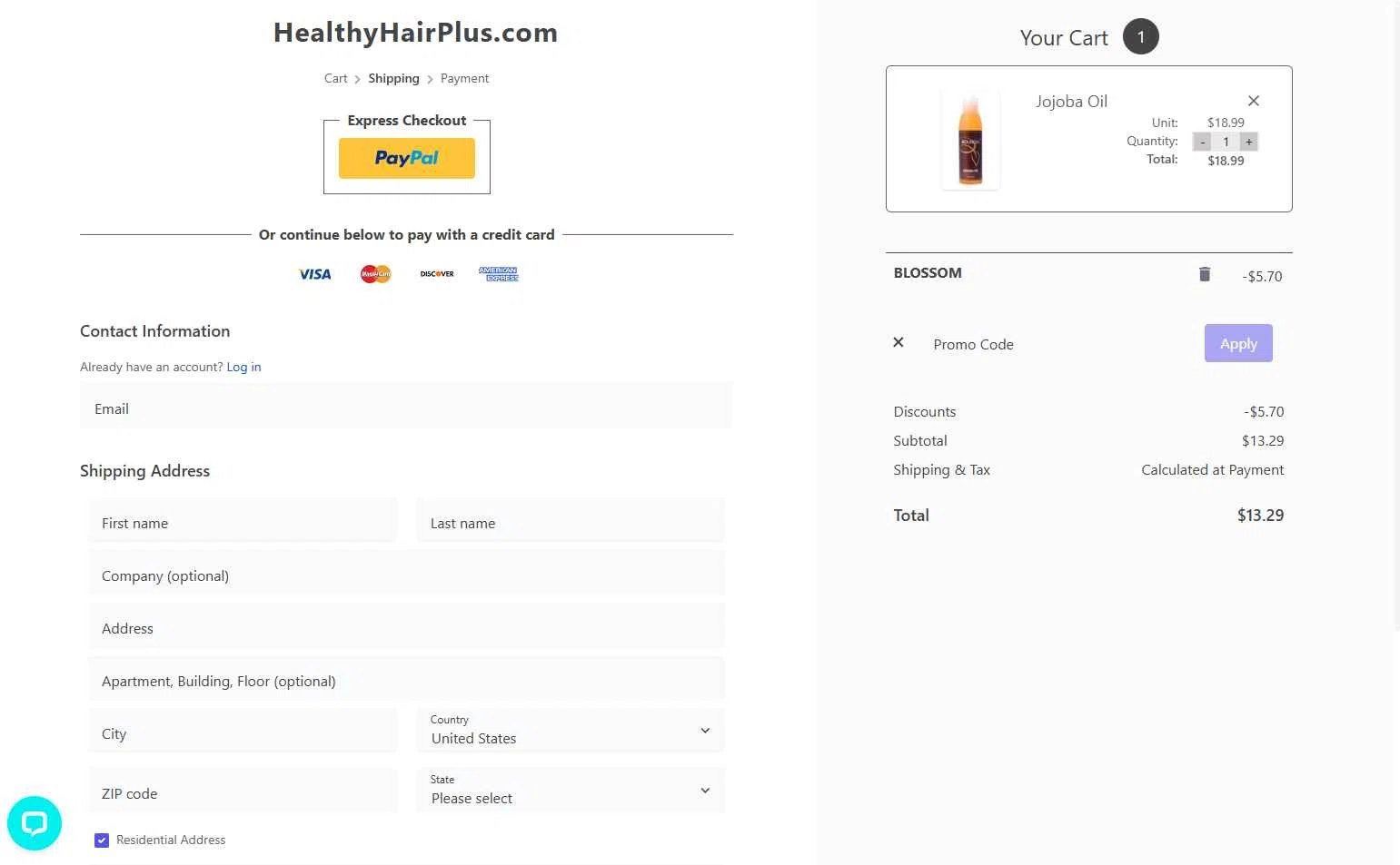 Healthy Hair Plus checkout page showing Healthy Hair Plus coupon code box | Screenshot taken by SimplyCodes community member on May 3, 2025