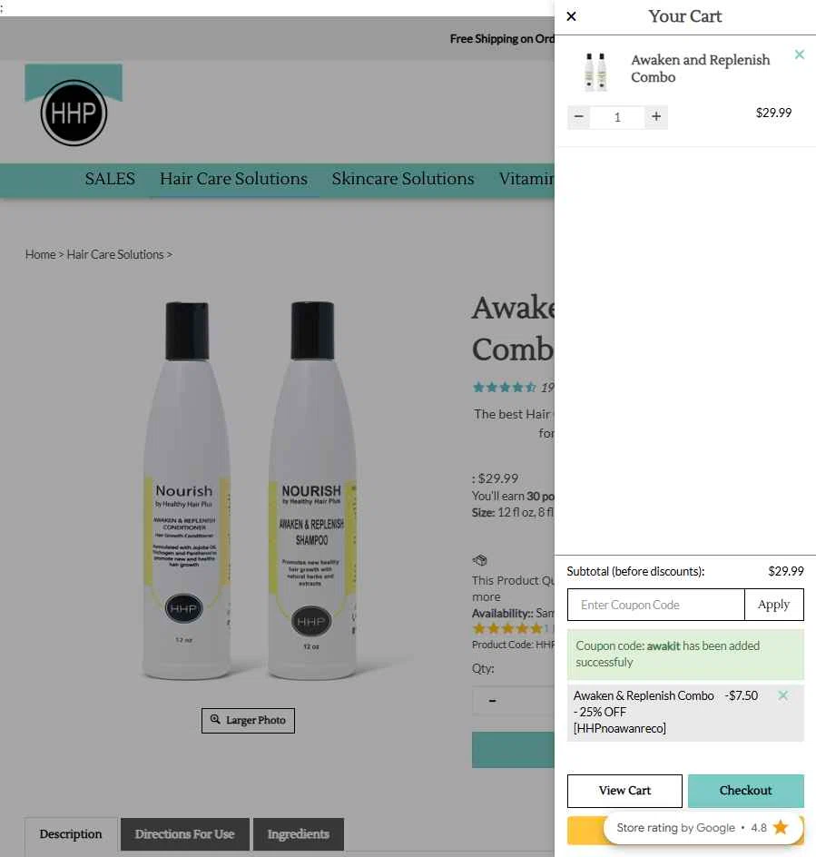 Healthy Hair Plus checkout page showing Healthy Hair Plus coupon code box | Screenshot taken by SimplyCodes community member on Oct 23, 2025