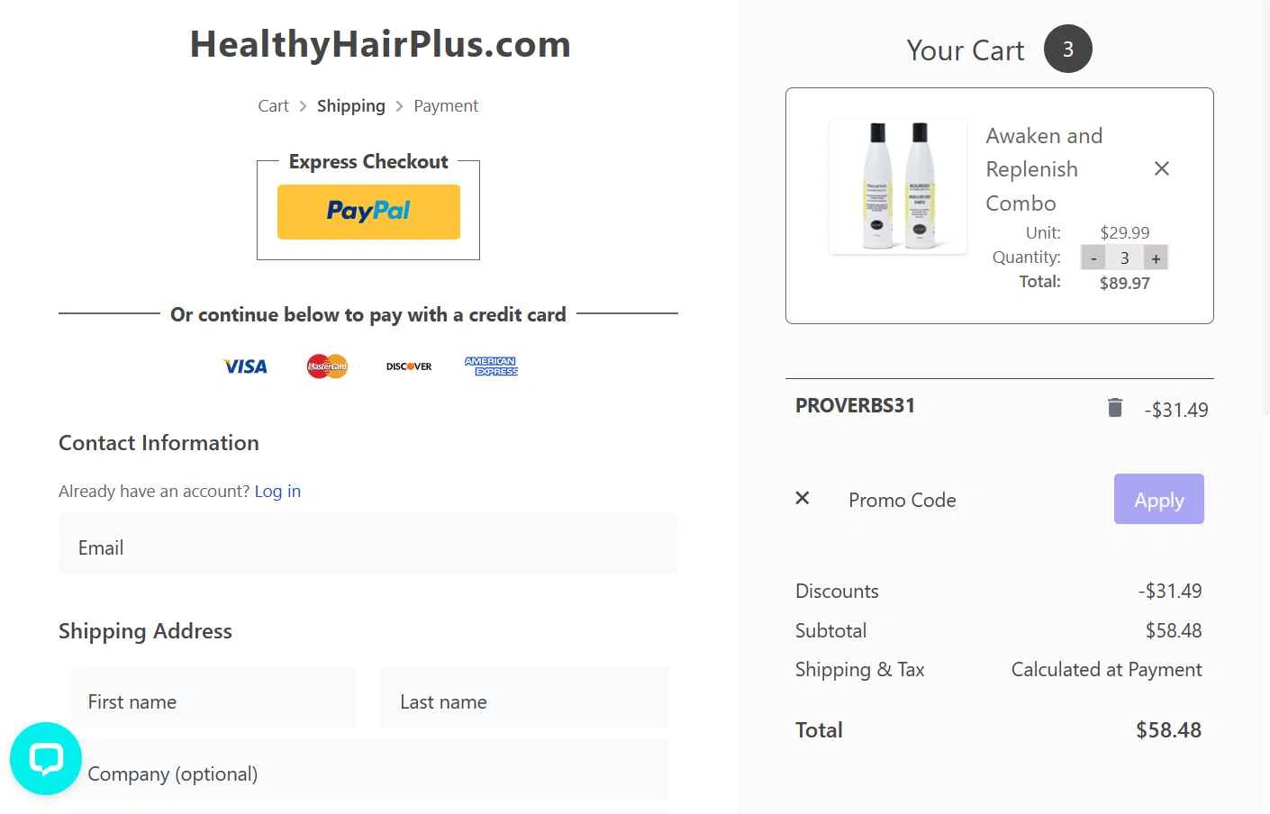 Healthy Hair Plus checkout page showing Healthy Hair Plus coupon code box | Screenshot taken by SimplyCodes community member on May 12, 2025