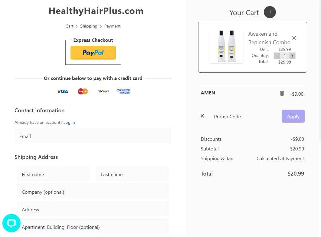 Healthy Hair Plus checkout page showing Healthy Hair Plus coupon code box | Screenshot taken by SimplyCodes community member on Jun 4, 2025