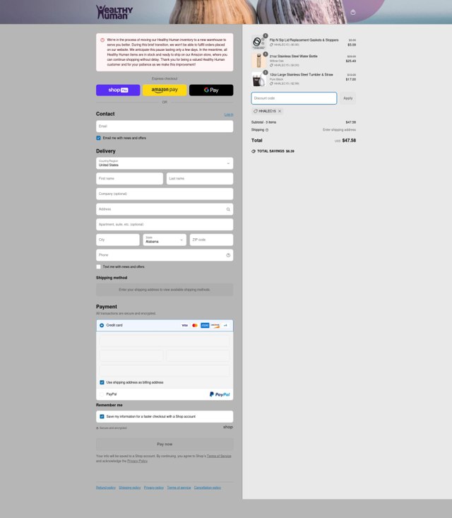 Healthy Human checkout page showing Healthy Human promo code box | Screenshot taken by SimplyCodes community member on May 11, 2025