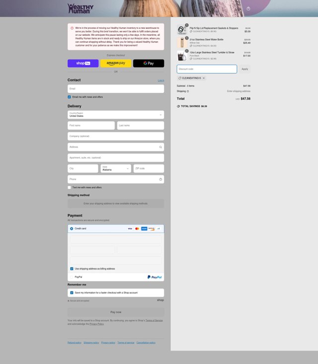 Healthy Human checkout page showing Healthy Human promo code box | Screenshot taken by SimplyCodes community member on May 11, 2025
