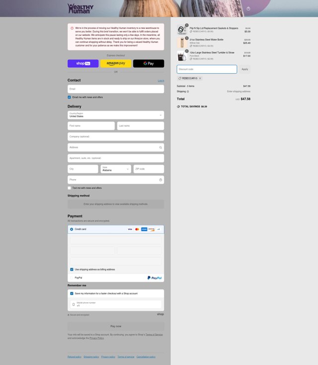 Healthy Human checkout page showing Healthy Human promo code box | Screenshot taken by SimplyCodes community member on May 11, 2025