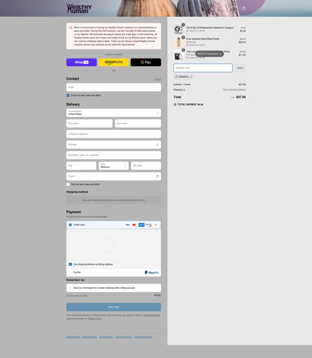 Healthy Human checkout page showing Healthy Human promo code box | Screenshot taken by SimplyCodes community member on May 11, 2025