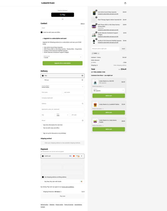 The Healthy Place checkout page showing The Healthy Place coupon code box | Screenshot taken by SimplyCodes community member on Sep 12, 2025