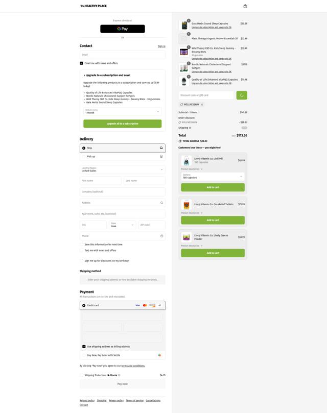 The Healthy Place checkout page showing The Healthy Place coupon code box | Screenshot taken by SimplyCodes community member on Sep 12, 2025