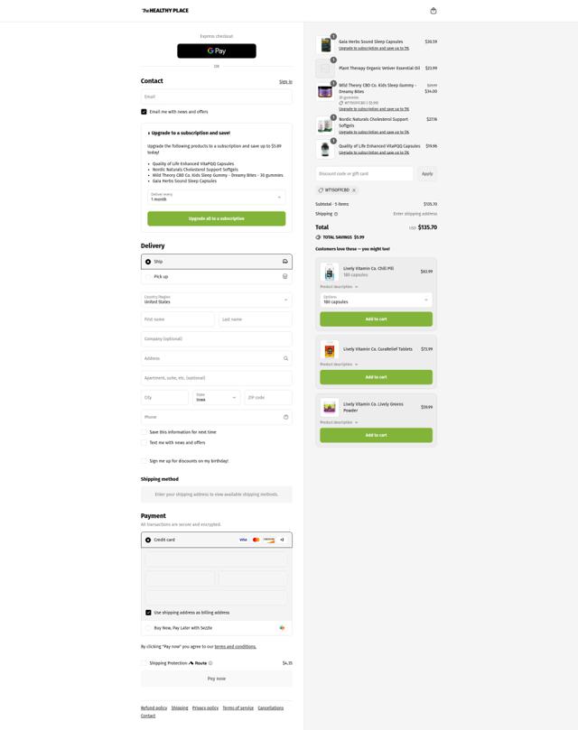 The Healthy Place checkout page showing The Healthy Place coupon code box | Screenshot taken by SimplyCodes community member on Sep 12, 2025