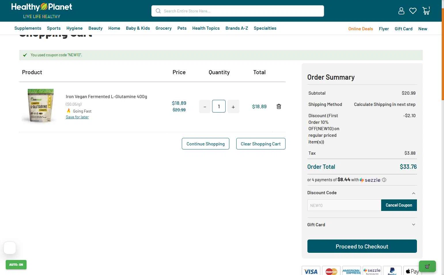 Healthy Planet checkout page showing Healthy Planet discount code box | Screenshot taken by SimplyCodes community member on Jan 13, 2026