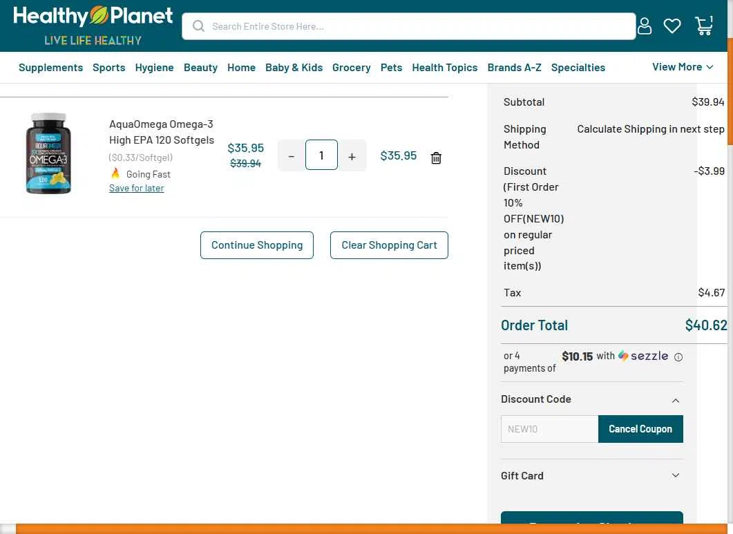 Healthy Planet checkout page showing Healthy Planet discount code box | Screenshot taken by SimplyCodes community member on Jan 31, 2026