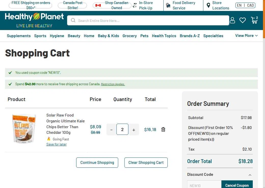 Healthy Planet checkout page showing Healthy Planet discount code box | Screenshot taken by SimplyCodes community member on Nov 16, 2025