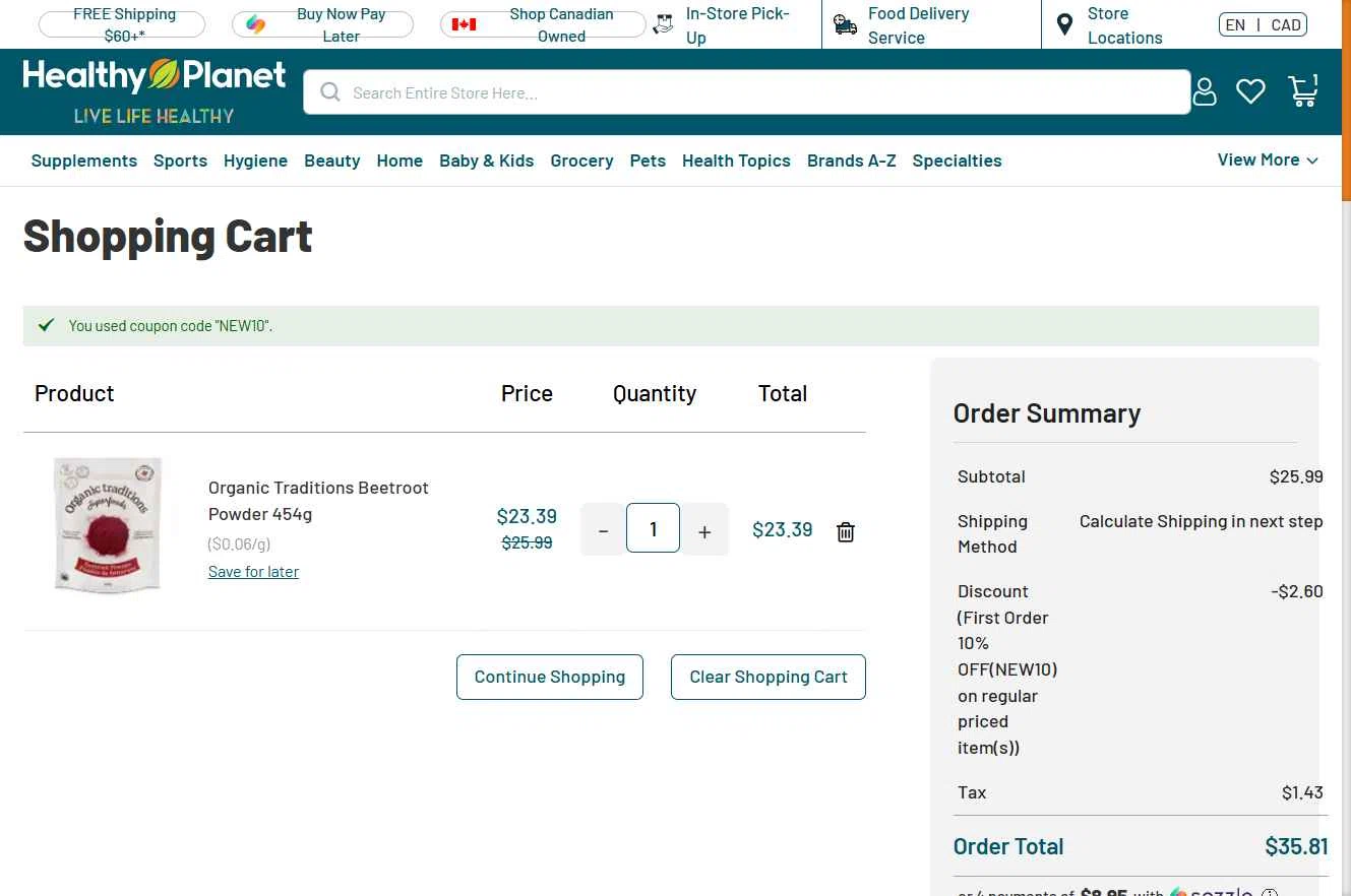 Healthy Planet checkout page showing Healthy Planet discount code box | Screenshot taken by SimplyCodes community member on Jan 31, 2026