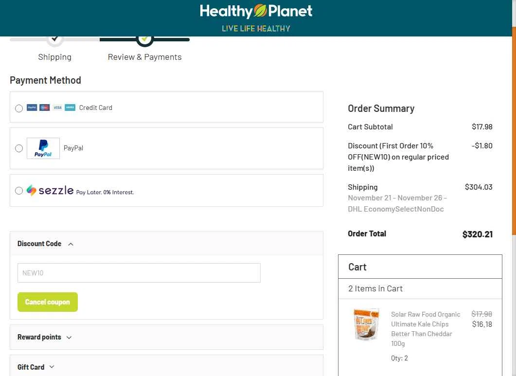 Healthy Planet checkout page showing Healthy Planet discount code box | Screenshot taken by SimplyCodes community member on Nov 16, 2025