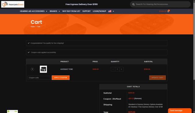 Hear Care Direct checkout page showing Hear Care Direct promo code box | Screenshot taken by SimplyCodes community member on Aug 2, 2025