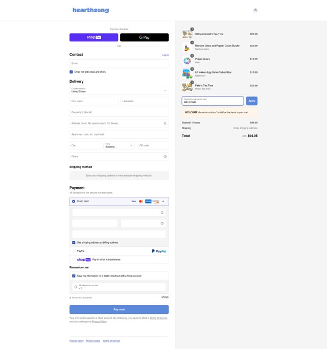 HearthSong checkout page showing HearthSong promo code box | Screenshot taken by SimplyCodes community member on May 9, 2025
