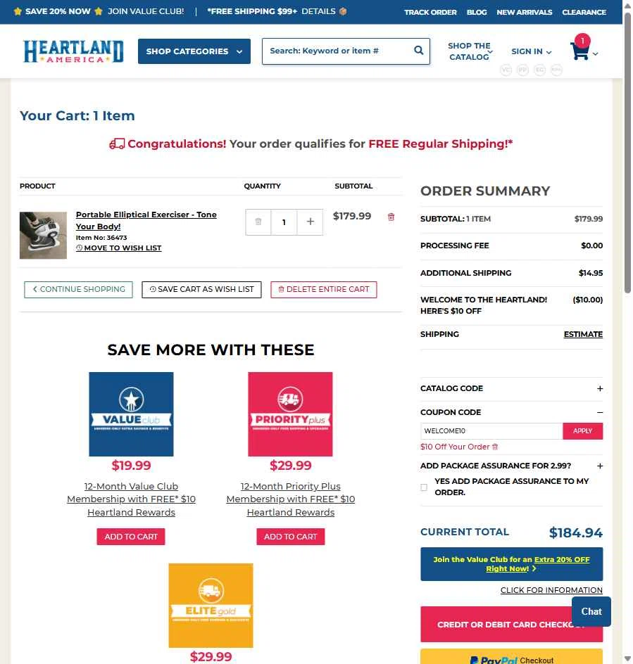 Heartland America checkout page showing Heartland America coupon code box | Screenshot taken by SimplyCodes community member on Oct 19, 2025