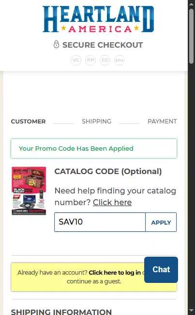 Heartland America checkout page showing Heartland America coupon code box | Screenshot taken by SimplyCodes community member on Oct 19, 2025