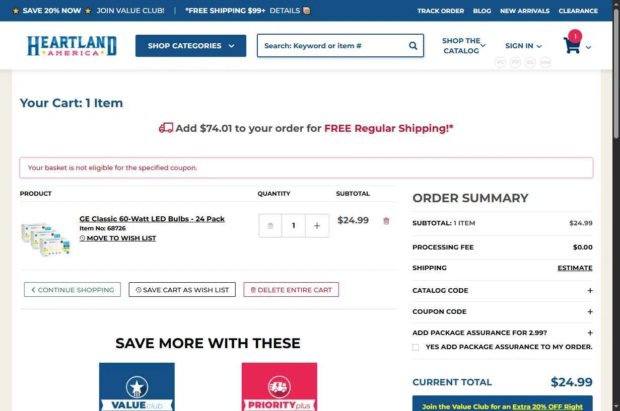 Heartland America checkout page showing Heartland America coupon code box | Screenshot taken by SimplyCodes community member on Oct 19, 2025