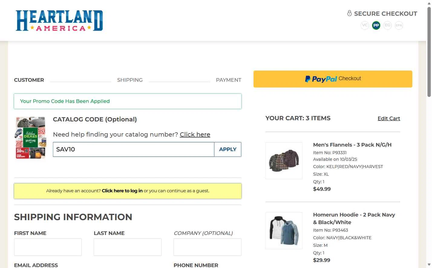 Heartland America checkout page showing Heartland America coupon code box | Screenshot taken by SimplyCodes community member on Nov 17, 2025