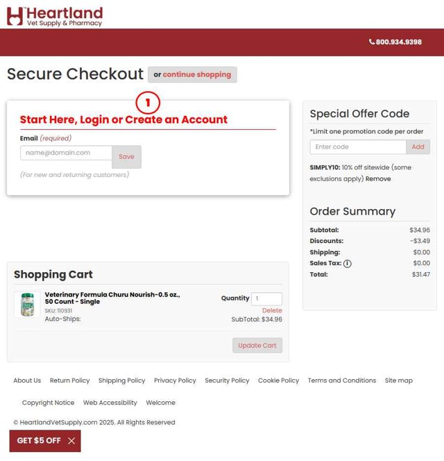 Heartland Vet Supply checkout page showing Heartland Vet Supply coupon code box | Screenshot taken by SimplyCodes community member on Jul 23, 2025