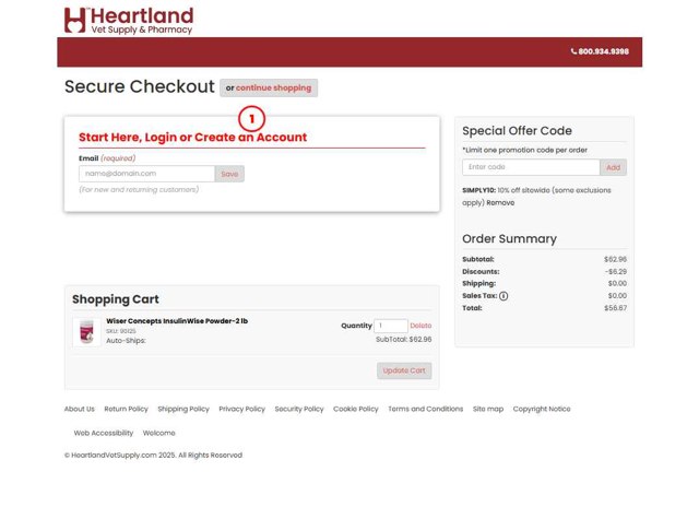 Heartland Vet Supply checkout page showing Heartland Vet Supply coupon code box | Screenshot taken by SimplyCodes community member on Jul 23, 2025