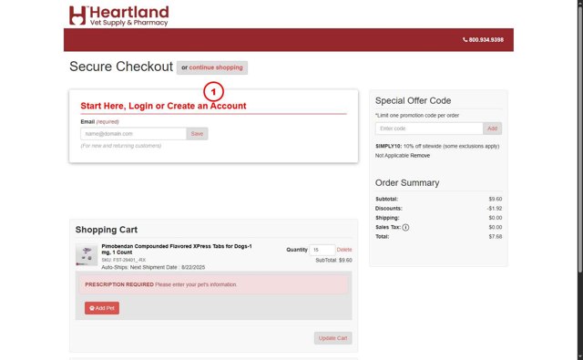 Heartland Vet Supply checkout page showing Heartland Vet Supply coupon code box | Screenshot taken by SimplyCodes community member on Jul 23, 2025