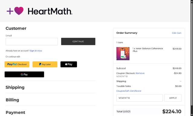 HeartMath checkout page showing HeartMath coupon code box | Screenshot taken by SimplyCodes community member on Sep 8, 2025