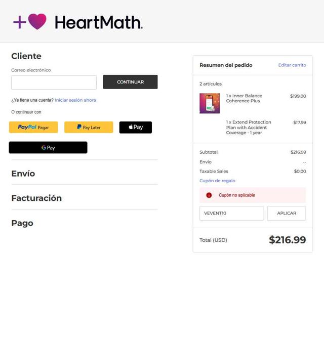 HeartMath checkout page showing HeartMath coupon code box | Screenshot taken by SimplyCodes community member on Jul 25, 2025