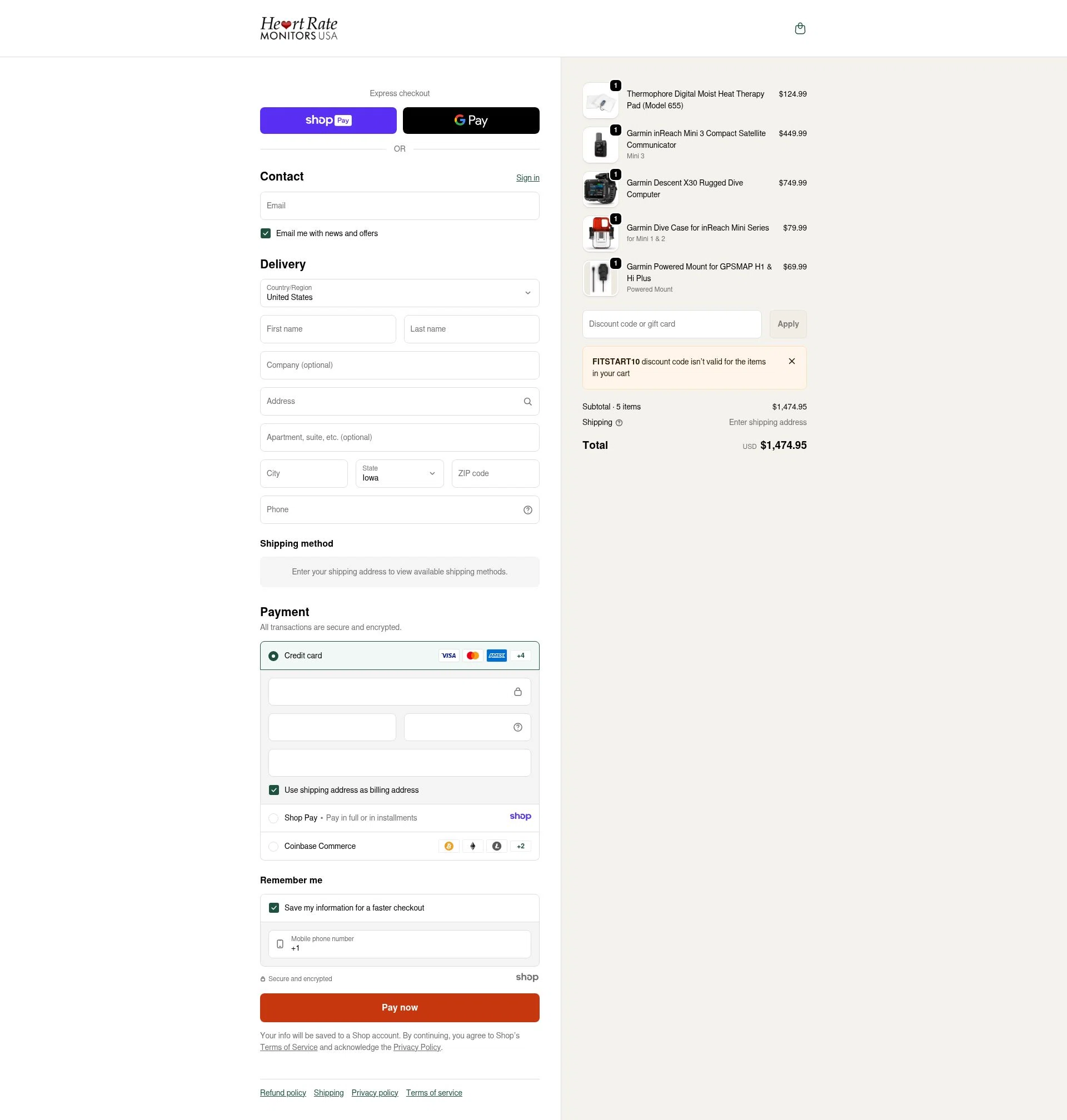 Heart Rate Monitors USA checkout page showing Heart Rate Monitors USA promo code box | Screenshot taken by SimplyCodes community member on Jan 7, 2026