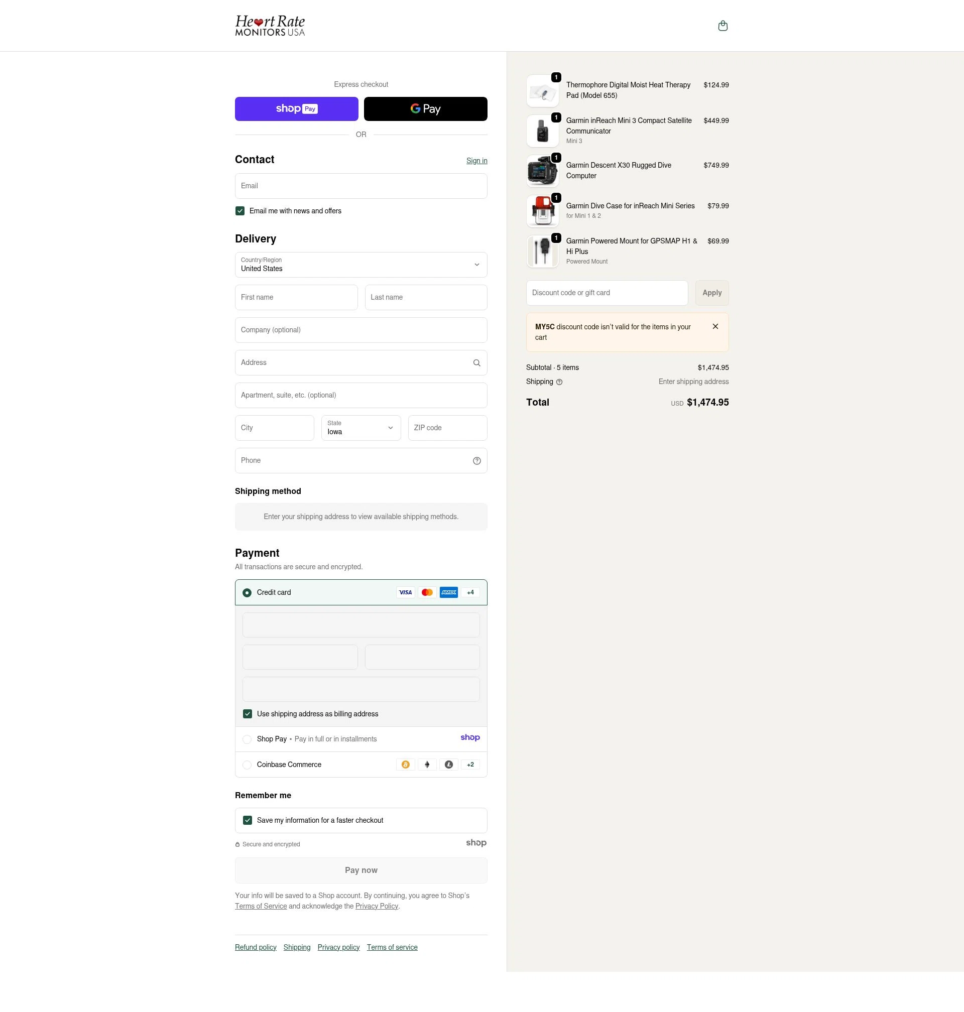 Heart Rate Monitors USA checkout page showing Heart Rate Monitors USA promo code box | Screenshot taken by SimplyCodes community member on Jan 7, 2026