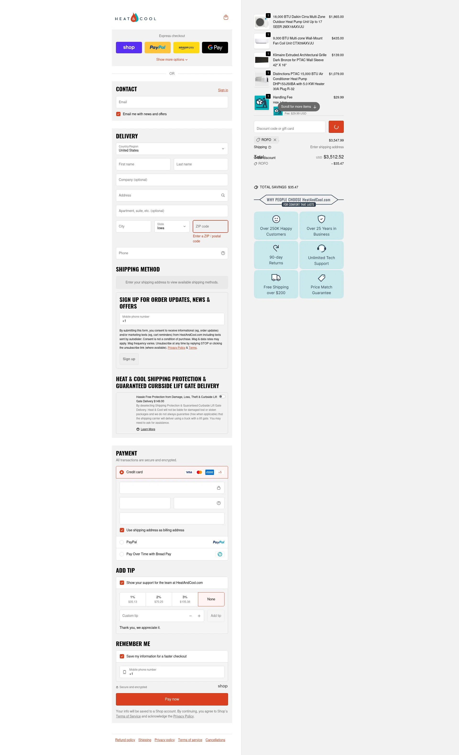 HeatAndCool checkout page showing HeatAndCool promo code box | Screenshot taken by SimplyCodes community member on Jan 5, 2026