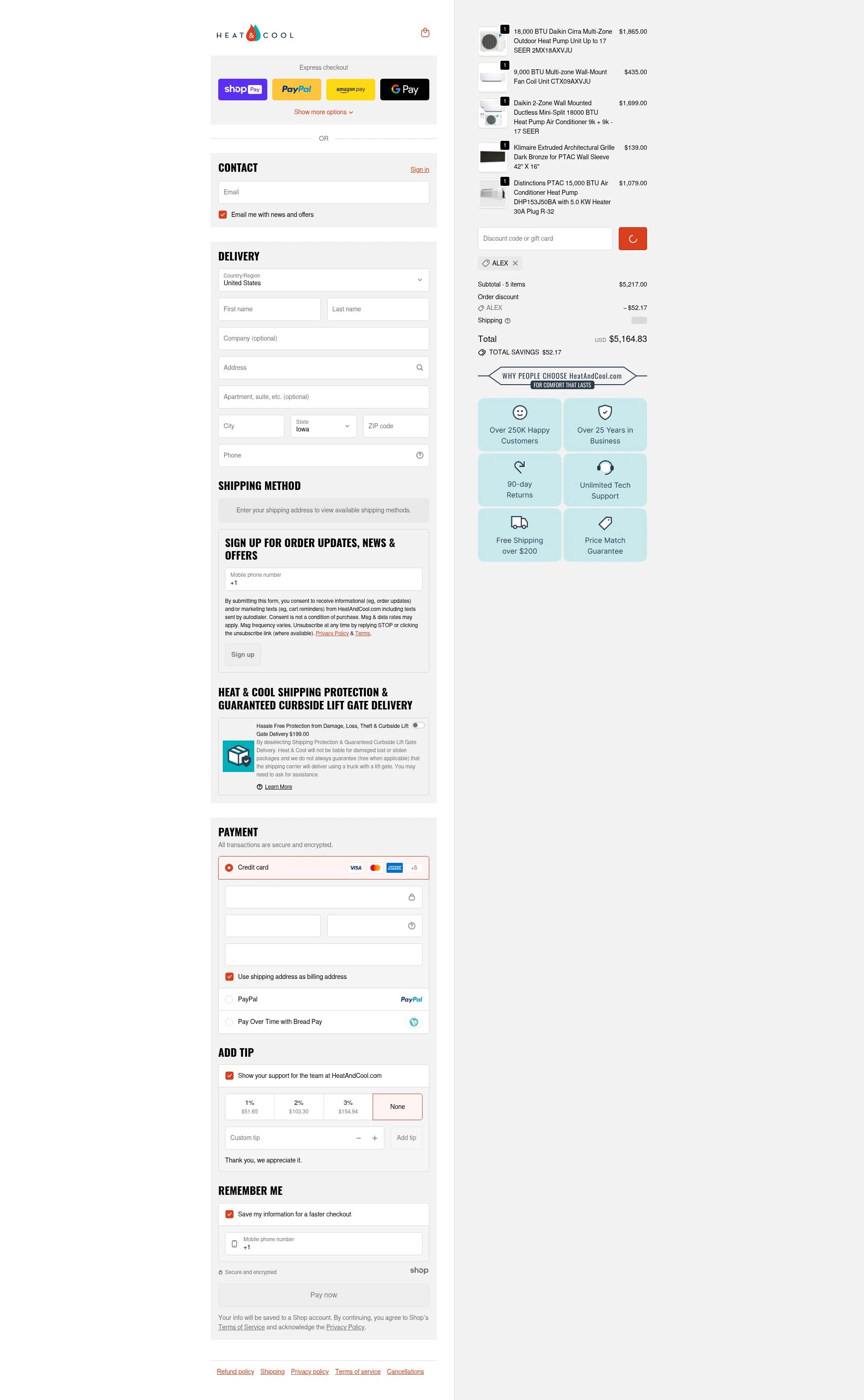 HeatAndCool checkout page showing HeatAndCool promo code box | Screenshot taken by SimplyCodes community member on Jan 10, 2026